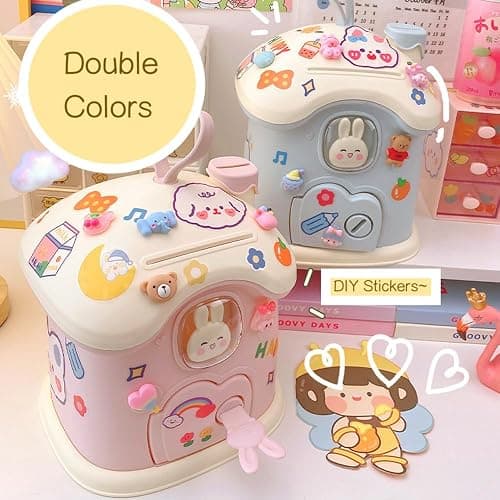 Kawaii Mushroom House Piggy Bank with Key and 3D Stickers Kids Teen Girls Money Saving Box Deposit Box Cute Kawaii Storage Box Desk Organizer Back to School Supplies (Pink) thumbnail 6