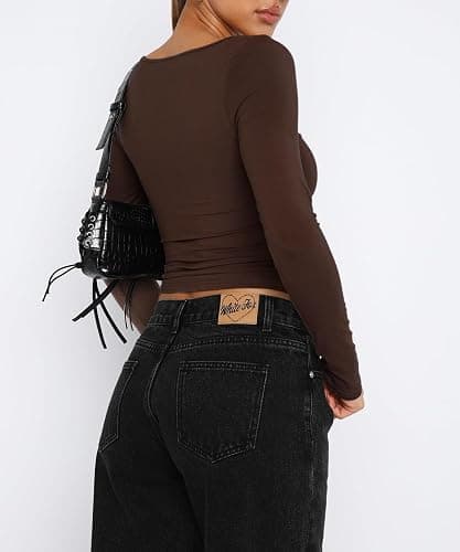 ForeFair Women's Sexy Long Sleeve Going Out Tops Pleated Bustier Shirt Cute Sweetheart Neck Y2K Cropped Top thumbnail 3