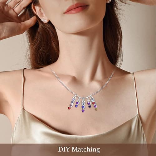 MissNaNa Sterling Silver Personalized Mothers Necklace with Simulated Birthstones Engraved 1-6 Children Names Custom Love Heart Pendant Family Necklace for Women Mother's Day Birthday thumbnail 6