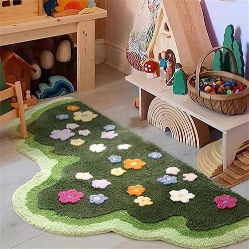 Floral Spring Moss Green Area Rug for Bedroom Living Room, Irregular Cute Non-Slip Bathroom Mat, Washable Aesthetic Accent Carpet for Women Dorm, Unique Floral Floor Rug for Boho Home Decor thumbnail 7