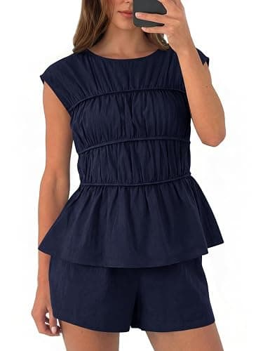 Tankaneo Womens Summer Smocked 2 Piece Short Sets Cap Sleeve Babydoll Peplum Blouse Casual Matching Set Vacation Outfits - Image 1