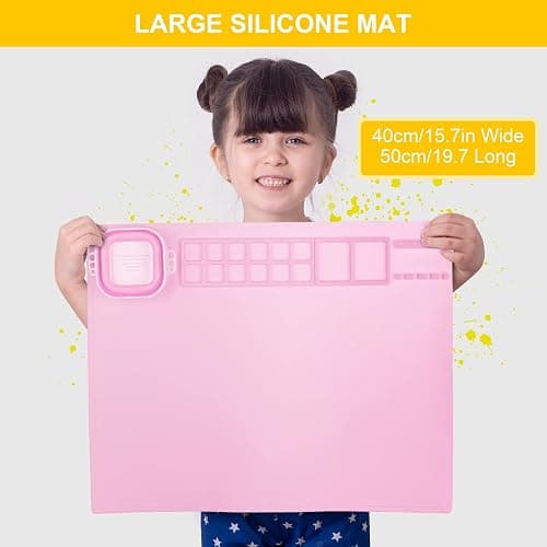 Silicone Painting Mat, Art Mat with Cup, Craft Paint Brush Cleaner Tool, Artist for Kids Gift Clay DIY Creations, Gift Packaged (Pink) thumbnail 2