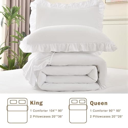 Cupocupa White Full Comforter Set, 3Pcs Comforters Ruffle Farmhouse Bedding Sets Full with Comforter, Lightweight Soft Shabby Chic Bedding Comforter Set Fluffy for All Season (White, F) thumbnail 6