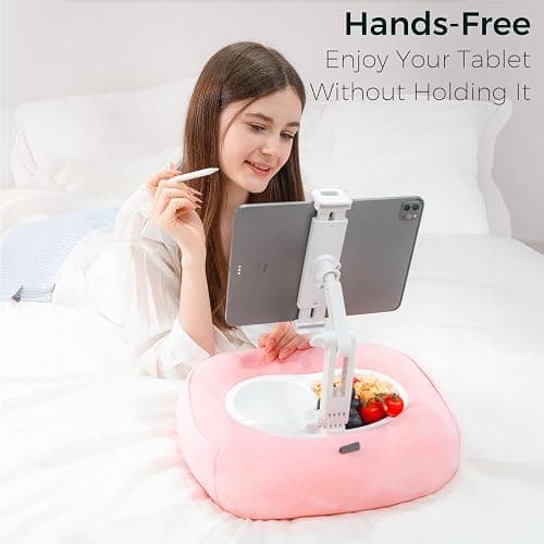 TabHolderix Tablet Pillow Stand, Adjustable Kindle Holder with 2 Snack Bowls, 360° Adjustable iPad Stand for Bed with 4.7''-13'' iPad, Kindle, Phone, Gift for Reading Accessories on Bed, Sofa, Pink thumbnail 3