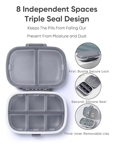 Holii Travel Pill Organizer, 8 Compartments Portable Pill Case, Daily Pill Box to Hold Vitamins, Small Pill Container for Pocket Purse Medicine Organizer（Gray） thumbnail 5