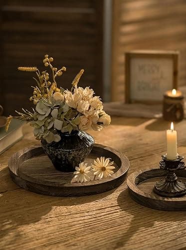 Hanobe Candle Plate Holder Tray: Round Wood Decorative Candle Plate - Rustic Farmhouse CoffeeTable Decor - Tealight Pillar Trays for Home Decor (Distressed) thumbnail 6