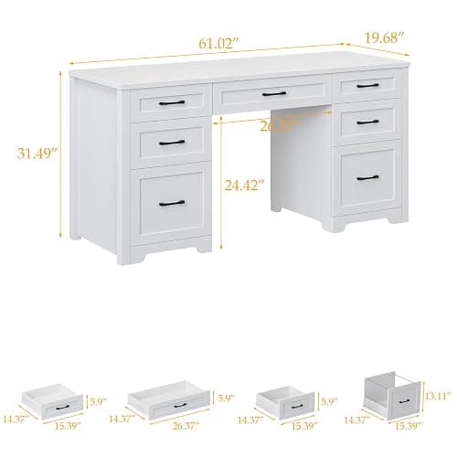 BonVache Executive Desk with 7 Drawers, Cream White | Farmhouse 61'' Rustic Office Desk Computer Table with File Drawers, Wood Workstation for Home Office and Study thumbnail 2