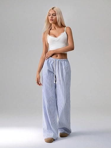 ZAFUL Casual Pants for Women, Pajama Pants Stripe Home Pants Palazzo Drawstring Waist Straight Leg thumbnail 5