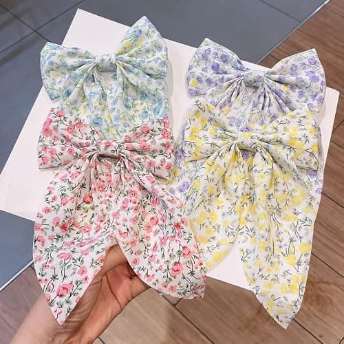 SALOCY Chiffon Hair Bows for Women Girls,4 PCS Barrette Hair Clip Long Black Ribbon Bows French Style Hair Accessories for Summer (Pink,Yellow,Blue,Purple) thumbnail 7
