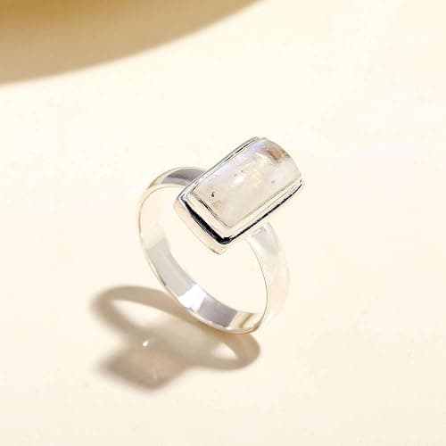 925 Sterling Silver Rings for Women Moonstone Ring Rainbow Rectangular Ring Solitaire Gemstone Statement Rings thumbnail 3