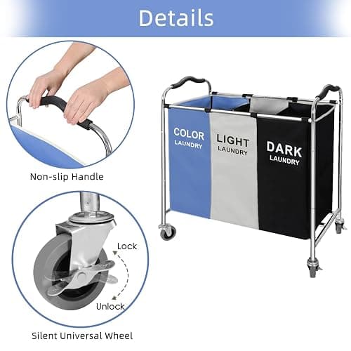 Laundry Basket, Large Laundry Hamper with Wheels, 3 Section Laundry Bag Organizer for Dirty Clothes; Dorm Room Essentials, Towel & Toys Storage Laundry Cart in Laundry Room Organization -BLUE thumbnail 5