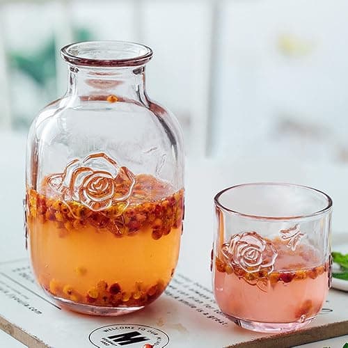 LCORMAG Pink Rose Flower Vintage Bedside Water Carafe and Glass Set, 15 oz Clear Glass Water Carafe with Tumbler for Bedroom Nightstand, Fruit Juice Milk Carafes, Mouthwash Decanter for Bathroom thumbnail 4