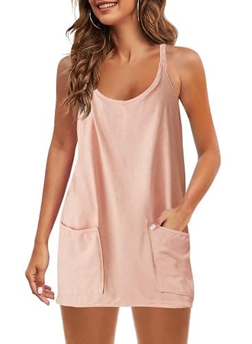 Panadila Womens Summer Sleeveless Mini Dress V Neck Spaghetti Strap Sundress Athletic Short Dress with Pockets - Image 1