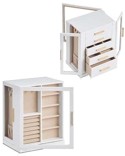 Glimmloop 360° Rotating Jewelry Box with 5 Drawers, Spacious Vertical Jewelry Organizer with Glass Window, Jewelry Storage Case, Dustproof & Moisture-resistant Design, White thumbnail 7
