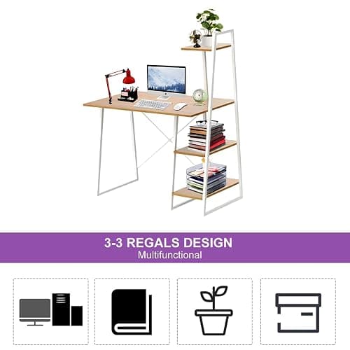 HOMION Computer Desk Home Office Table With 4-Tier Storage Shelf Pc Laptop Work Study Writing Desk For Bedroom Living Room (Natural) thumbnail 3