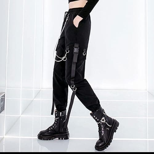 MEINVQIAOTI Black Cargo Pants for Women Techwear Women Loose Street Rock Style Casual Black Pants with Chain Goth Pants thumbnail 3