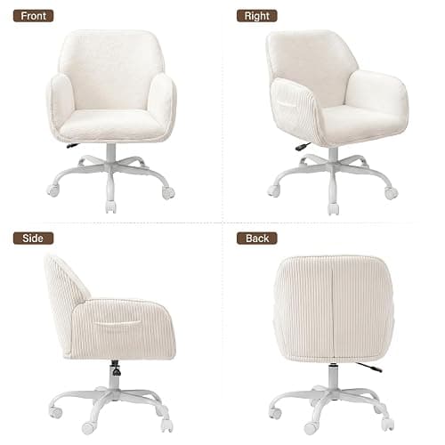 KRAMZMING Teddy Fleece & Corduroy Desk Chair, Swivel Office Chair White | Upholstered Vanity Chair with Side Pocket & Wheels, Height Adjustable Chair for Bedroom Makeup Study thumbnail 7