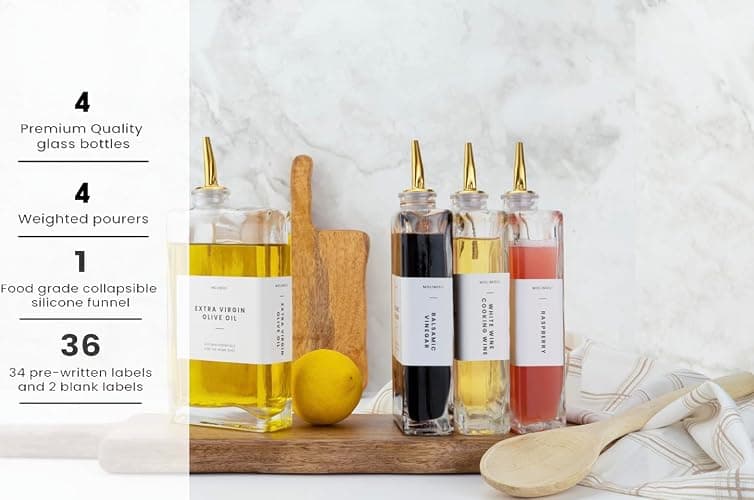 Molimoli Olive Oil Dispenser Bottle for Kitchen, Automatic Pourer, Glass Dispenser for Kitchen, Olive Oil Cruet, | Set of 4 - Gold thumbnail 3