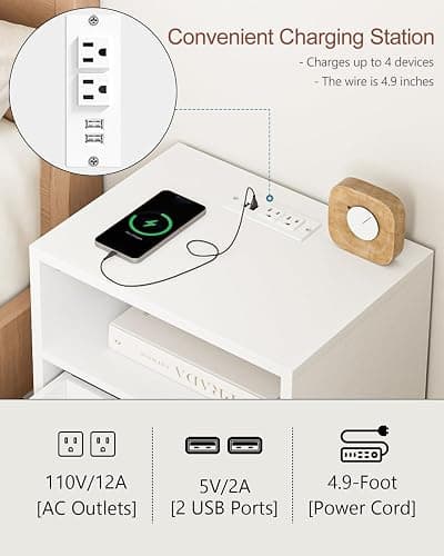 Masupu Nightstand with Charging Station,Mid-Century Modern Bedside Table with Storage Drawer and Open Wood Shelf,Small Gold Frame Side Table for Bedroom,Living Room (White) - White Stripe - 1 Drawer thumbnail 3