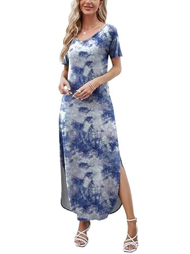 HUSKARY Women's Summer Maxi Dress Casual Loose Pockets Long Dress Short Sleeve Split Maxi Dresses thumbnail 5