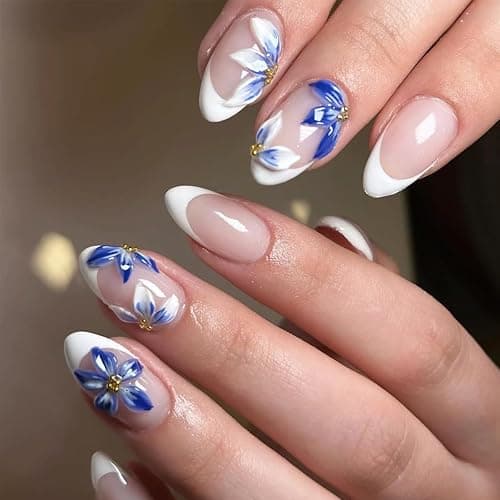 24Pcs White French Tip Press on Nails Medium Almond 3D Flower Fake Nails with Gold Pearl Designs Glossy Artificial Acrylic Full Cover False Nails Blue Floral Nails Summer Press ons for Women Manicure thumbnail 2