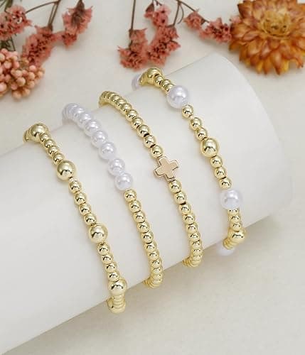 BOMAIL Gold Beaded Bracelets for Women Trendy Non Tarnish Gold Bracelet Stack 14K Gold Plated Pearl Bead Bracelets Cross Bracelets Set Stackable Stretch Beads Bracelet thumbnail 7