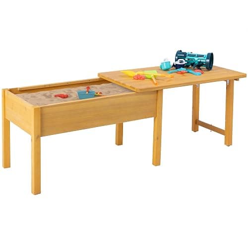 BIRASIL Wooden Kids Sensory Tables with Folding Lid, Activity Table for Children, Elevated Play Tables with Storage for Indoor Outdoor, Yellow - Image 1