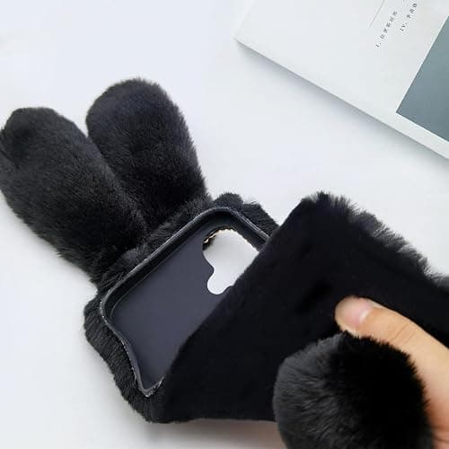 Bonitec Compatible with iPhone 16 Faux Rabbit Case, Bling Fur Case For Girls Luxury Cute Warm Handmade Faux Rabbit Bunny Furry Fuzzy Fluffy Soft 3D Ear Hair Plush Protective Case Cover for Women thumbnail 3