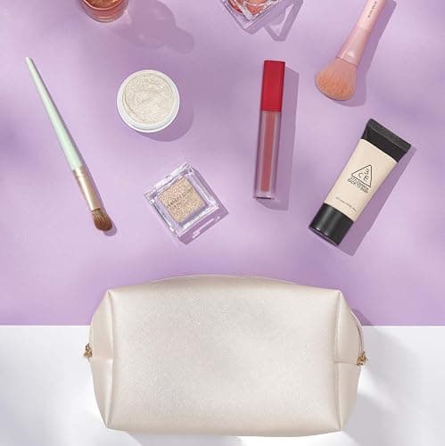 PU Leather Cosmetic Bag for Women Minimalism Makeup Bag for Daily Use Portable Storage Purse Small Neat Cosmetic Pouch Water-Resistant Toiletry Bag for Travel（Light Pink） - Pink Glitter thumbnail 2