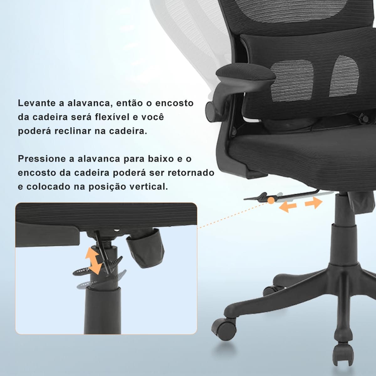 Cadeira de escritório, design ergonômico com suporte lombar independente, malha respirável e encosto de cabeça ajustável (Preto) thumbnail 7