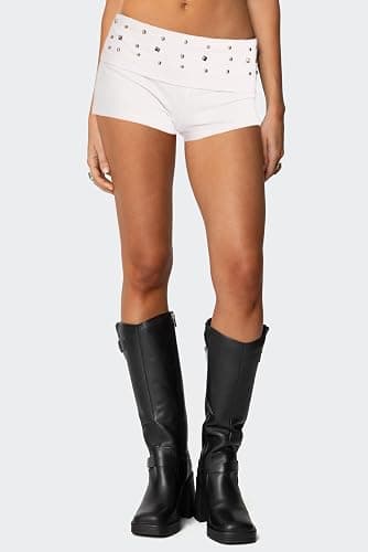 Fernvia Women Low Waist Studded Fold Over Shorts Rivet Shorts Slim Fit Boxer Short Rave Mini Bottoms thumbnail 2