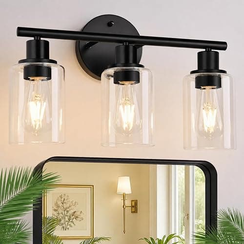 Zarbitta 3-Light Bathroom Light Fixtures, 17.23" Black Modern Vanity Lights with Clear Glass Shade, Bathroom Wall Lamp for Mirror Kitchen Living Room Hallway Cabinet Porch - Image 1