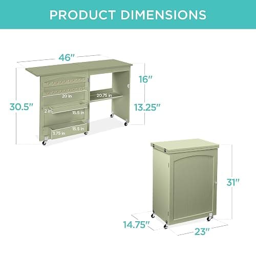 Best Choice Products Folding Sewing Table Multipurpose Craft Station & Side Desk with Compact Design, Wheels, Shelves, Storage Trays, Pegs, Magnetic Doors, Metal Doorknobs - Light Green thumbnail 2