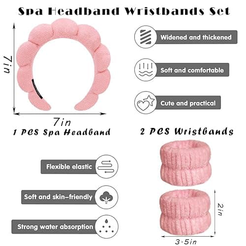 Spa Headbands for Washing Face Wristband Set Sponge Makeup Skincare Headband Wrist Towels Bubble Soft Terry Towel Cloth Hairband for Women Puffy Headwear Non Slip Thick Thin Hair Headwear (Peach pink) thumbnail 2