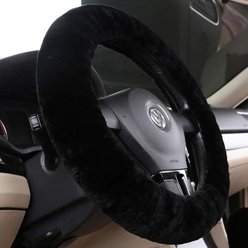 Fluffy Wool Sheepskin Fuzzy Black Car Steering Wheel Cover for Universal Auto Steering Wheel 14 1/2-15 1/2inch, Anti-Slip, Soft Plush, Comforting and Luxurious, Soft Texture (Black) thumbnail 4