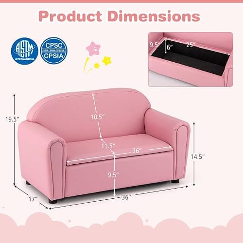 Costzon Kids Couch, 2 in 1 Double Seat Children's Sofa w/Under Seat Storage, PU Leather Surface, Toddler Armrest Chair, Kids Room, Soft Children Pink Sofa with Storage for Preschool Baby Girls Gifts thumbnail 3