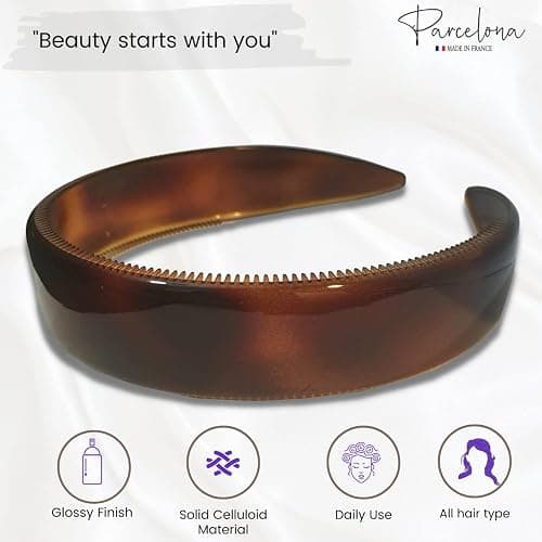 Parcelona French Extra Wide Tortoise Shell Brown Celluloid Inner Nibs Flexible Hair Headband Fashion Headband for Women Strong Hold Grip No Slip Durable Styling Girls Hair Accessories, Made in France thumbnail 2