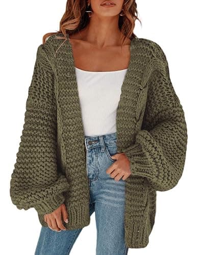Cicy Bell Women's Open Front Chunky Knit Cardigan Loose Lantern Sleeve Oversized Sweater Coats - Image 1