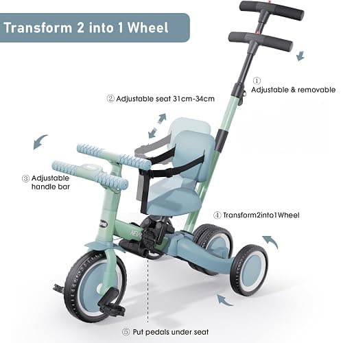 newyoo Toddler Tricycle with Push Handle for 1-3 Year Old, Toddler Bike, Birthday Gifts and Toys for Boys and Girls, 5 in 1 Kids Trike, Convert to Baby Balance Bike, Green, TR007 thumbnail 5