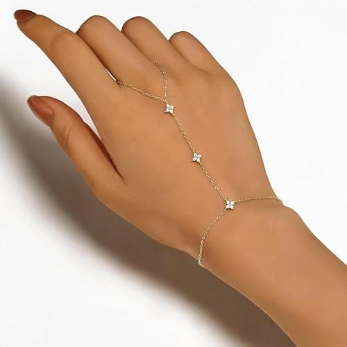 Bheop Bracelets for Women 14K Gold Silver Plated Ring Bracelet Hand Chain Dainty Evil Eye Heart Clover Daisy Cubic Zirconia Stackable Link Chain Hypoallergenic Body Jewelry Cute Trendy Gifts - GD-clover hand chain thumbnail 8