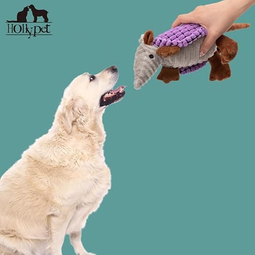 Hollypet Plush Dog Squeaky Toy Stuffed Armadillo Animal Pet Puppy Chew Toys with Clean Teeth for Small Medium Large All Breed Sizes Dogs, Purple, 8 in thumbnail 5