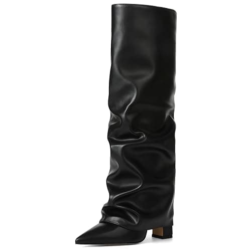 SaraIris Women's Slouchy Knee High Boots - Black, Pointed Toe, Fold Over, Chunky, Shark Boots - Image 1