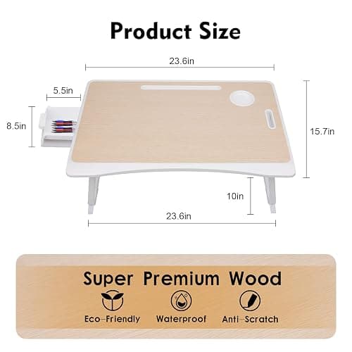 Amaredom Laptop Bed Desk Tray Bed Table, Foldable Portable Lap Desk Notebook Stand Reading Holder with Storage Drawer and Cup Holder for Eating Breakfast on Bed/Couch/Sofa-White Oak thumbnail 3