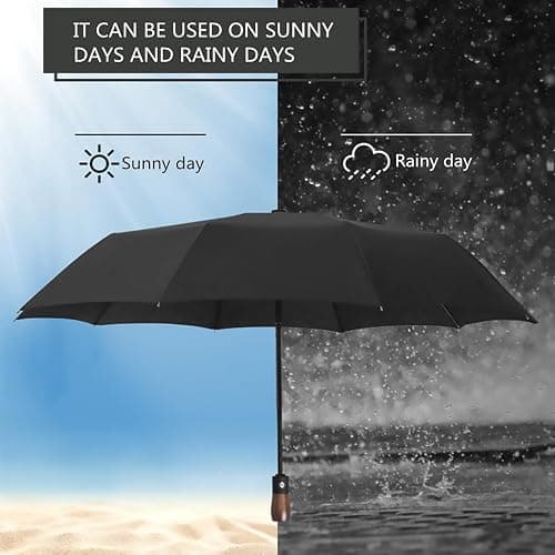 MIKAFEN Umbrella Windproof With Wood Handle - Travel and Automatic, Umbrella Compact for Men and Woman - with 10 Ribs Fiberglass and Compact Rain Protect（Black） thumbnail 8