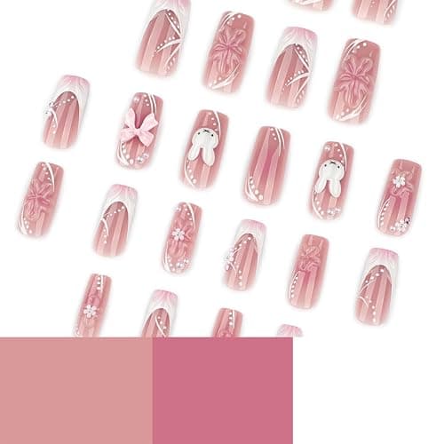 Mivota Soft Gel Press On Nails Long Coffin Pink 3D Flower Bow Bunny Design, Reusable Glue On Fake Nails for Women, Cute Kawaii Salon Manicure Set 24PCS thumbnail 5