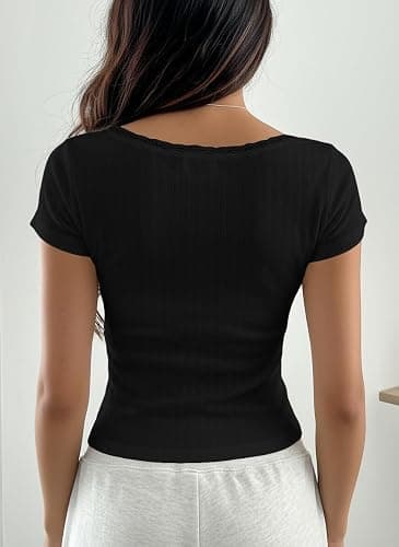 AKLOPVII Women Y2K Short Sleeve Button Up Lace Patchwork Crop Tshirt Tops Slim Fit Scoop Neck Henley Summer Girl Tee thumbnail 3