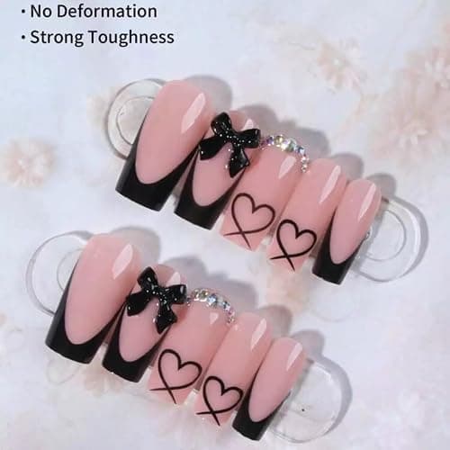 Medium Press on Nails Coffin Fake Nails Black French Tip False Nails with 3D Bow Charms Design Glue on Nails Heart Acrylic Nails Rhinestone Full Cover Stick on Nails for Women 24Pcs thumbnail 3