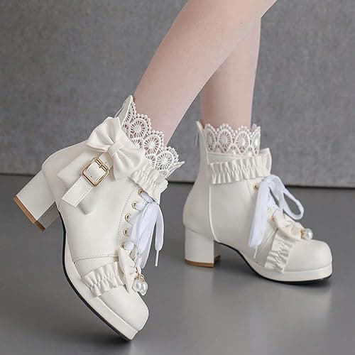 LUXMAX Women Chunky Heel Lace Up Booties Lolita Kawaii Shoes Block Heel Cute Ankle Boots Sweet Lace Boots with Bow thumbnail 6