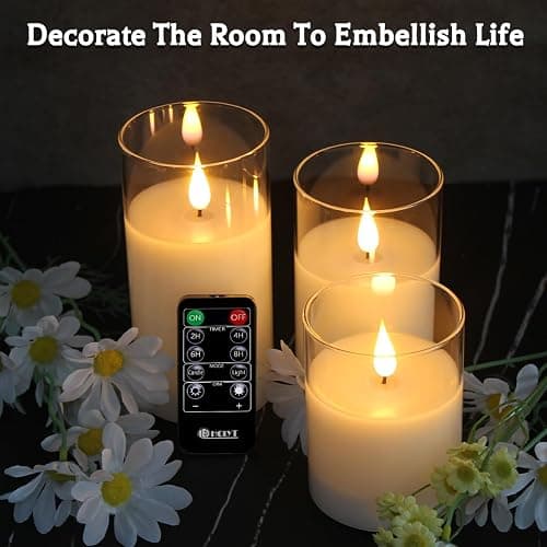 LEDHOLYT Rechargeable Flameless Glass Pillar Candles–Easter Flameless Candles Decorations,–Set of 3, Realistic Flickering LED Light,Remote & Timer, Ideal for Living Room, Bedroom & Easter Décor thumbnail 7
