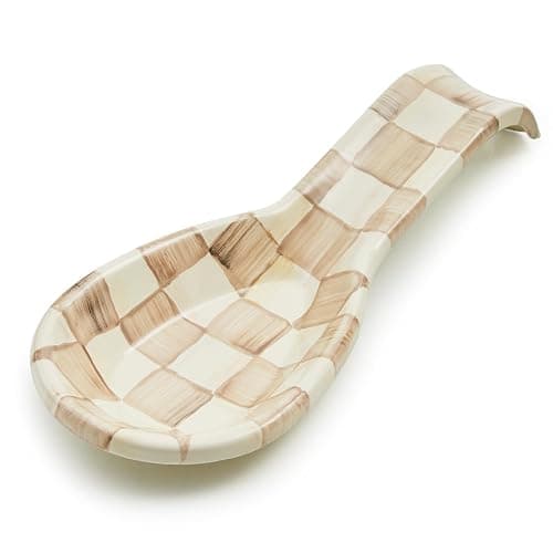 MACKENZIE-CHILDS Enamel Spoon Rest, Kitchen Utensil Rest and Spoon Holder, Kitchen Decor, Brown-and-White Mocha Check - Image 1